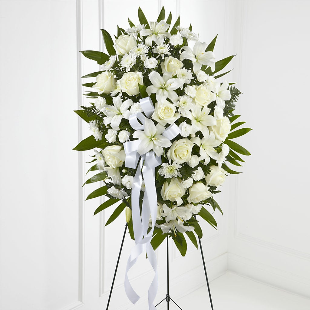 Exquisite Tribute Standing Spray-White Ribbon – THE FLOWER PATCH & GIFT SHOPPE, Lehighton PA
